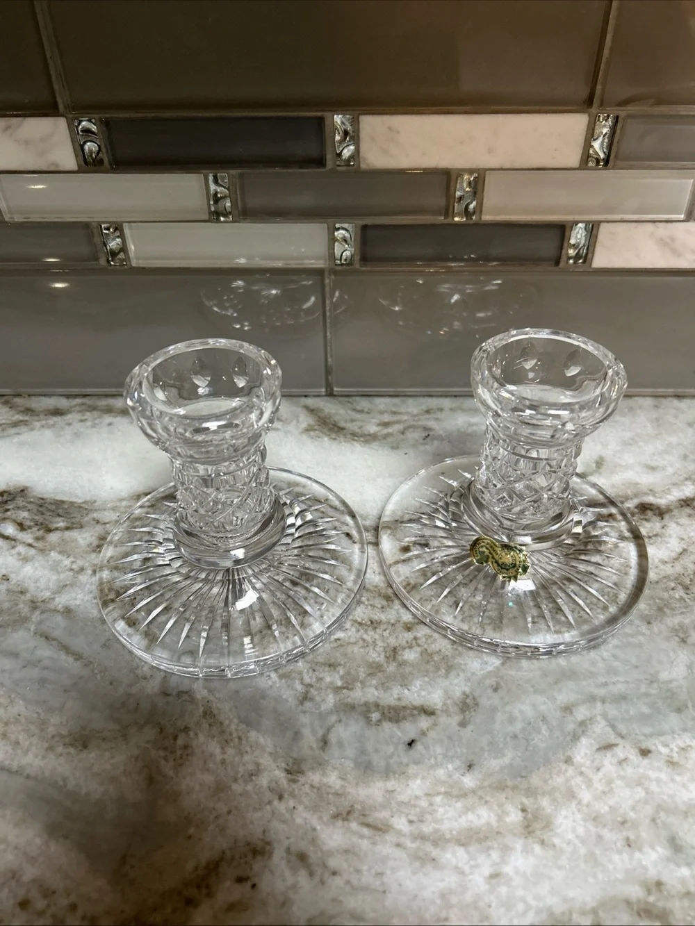 Waterford Crystal Candlestick Pair 4 Inch Cut Glass Candle Holders Clear Heavy.